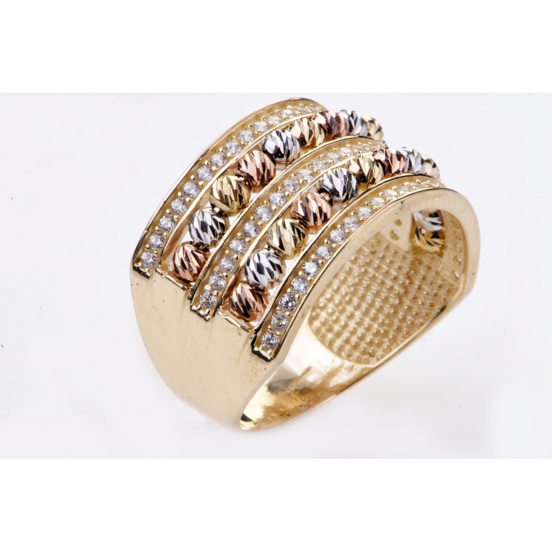 Złoty pierścionek z cyrkoniami i trójkolorowym złotem