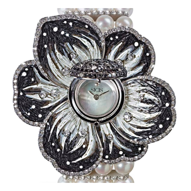 Zegarek złoty SICIS kwiat perły