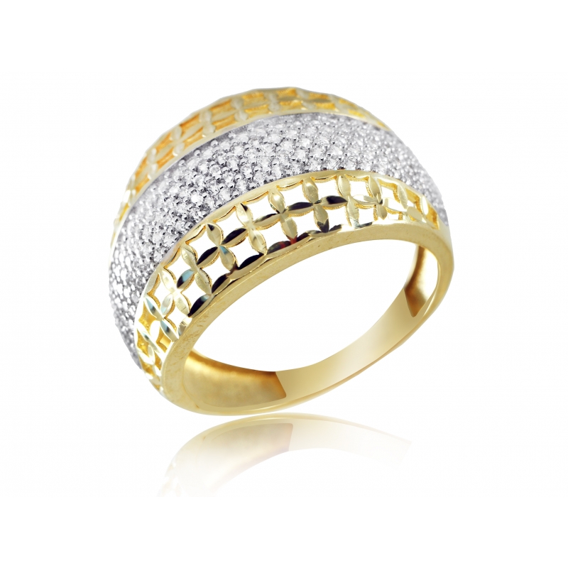 Złoty pierścionek ażurowy zdobiony cyrkoniami