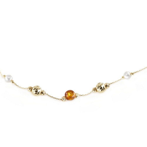 Złota bransoletka z bursztynem bałtyckim, perłami oraz złotymi kulkami
